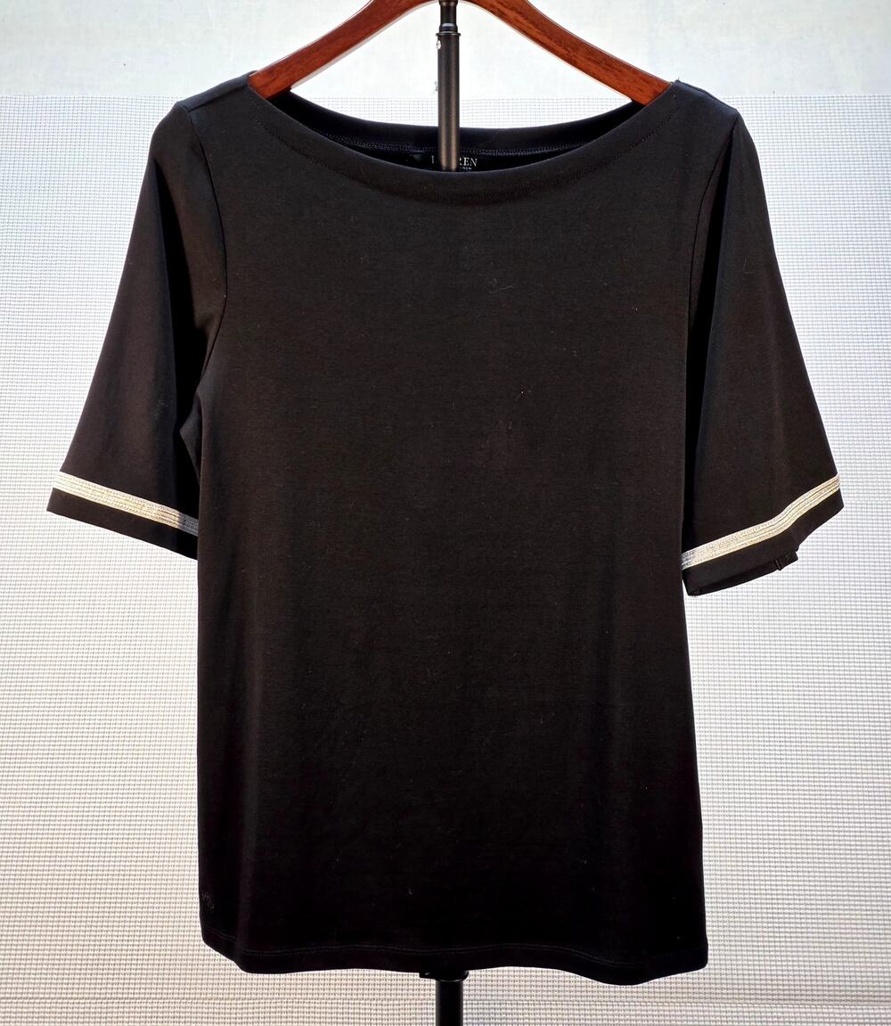 Lauren Ralph Lauren Black Boatneck Top Short Sleeve Silver‎ Trim Size XL/TG